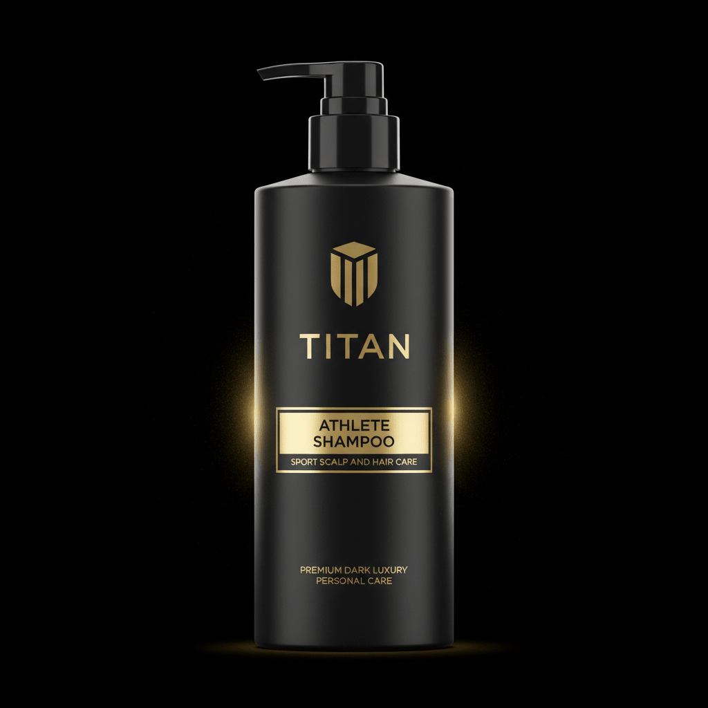 Matte black pump bottle with gold logo and text: TITAN Athlete Shampoo, Sport Scalp and Hair Care, isolated on black.
