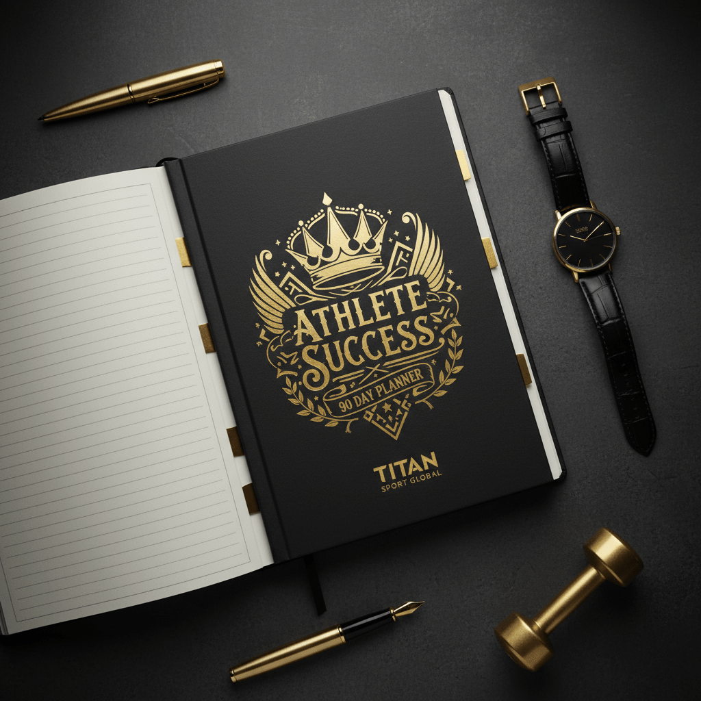 Black Titan 90-day planner with gold crown logo, open to lined pages, beside gold pens, watch, and a mini dumbbell.