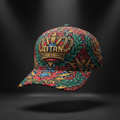 Structured TITAN athletic cap with vibrant, ornate crown, gem, and leaf print in red, green, gold, and blue.