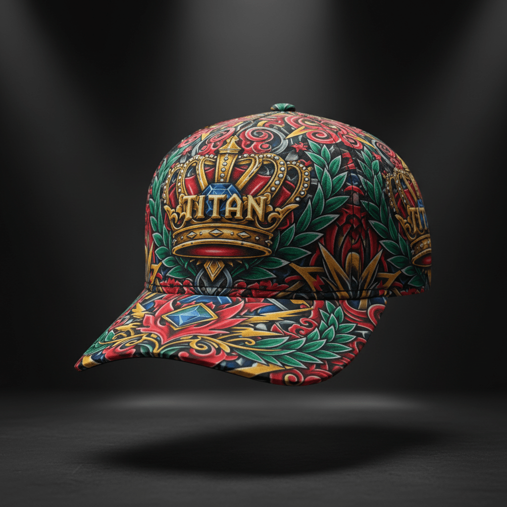 Structured TITAN athletic cap with vibrant, ornate crown, gem, and leaf print in red, green, gold, and blue.