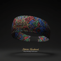 TITAN athletic headband featuring a vibrant, stained-glass inspired mythical print with the gold "TITAN" logo.