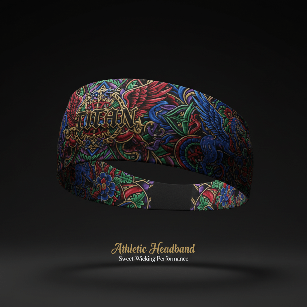 TITAN athletic headband featuring a vibrant, stained-glass inspired mythical print with the gold "TITAN" logo.