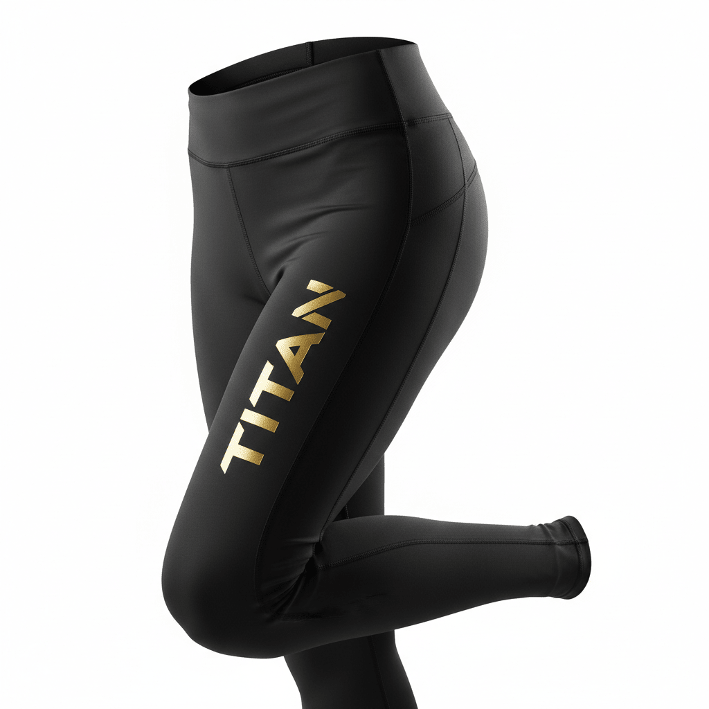 Black high-waisted performance leggings with a vertical gold metallic "TITAN" logo on the right thigh.