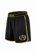 Black 2-in-1 running shorts with gold trim, branded waistband, and a gold crown and laurel logo on the leg.