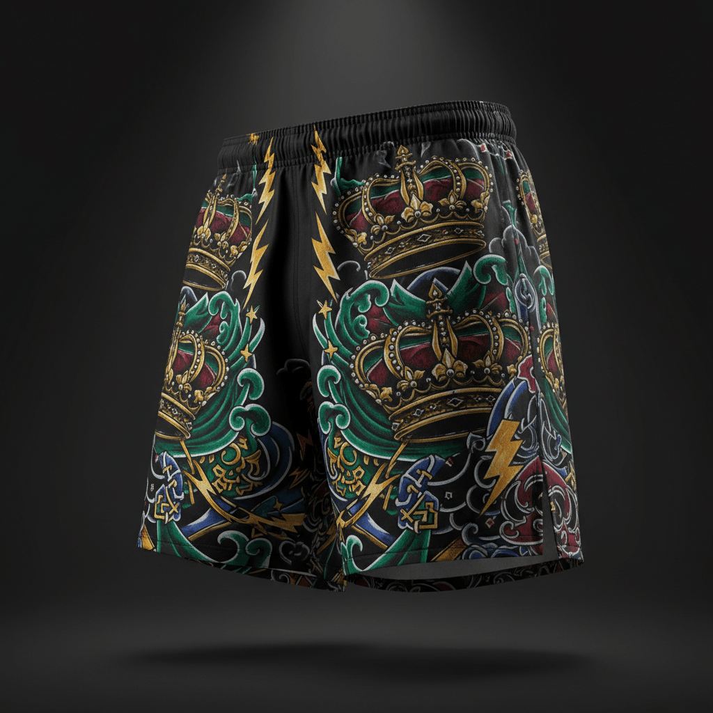 Black TITAN athletic shorts featuring a vibrant tattoo-style print of gold crowns, green waves, and yellow lightning.