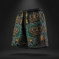 Black TITAN athletic shorts featuring a vibrant tattoo-style print of gold crowns, green waves, and yellow lightning.