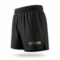 Black TITAN athletic shorts with a gold logo on the leg, featuring an elastic waistband and side hem vents.