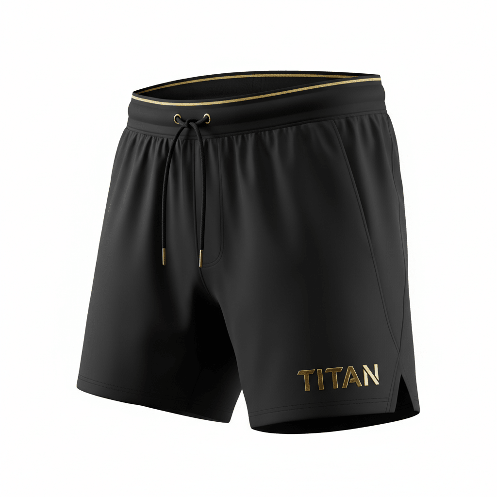 Black TITAN mesh training shorts with gold waistband trim, matching gold-tipped drawstring, and gold logo detail.