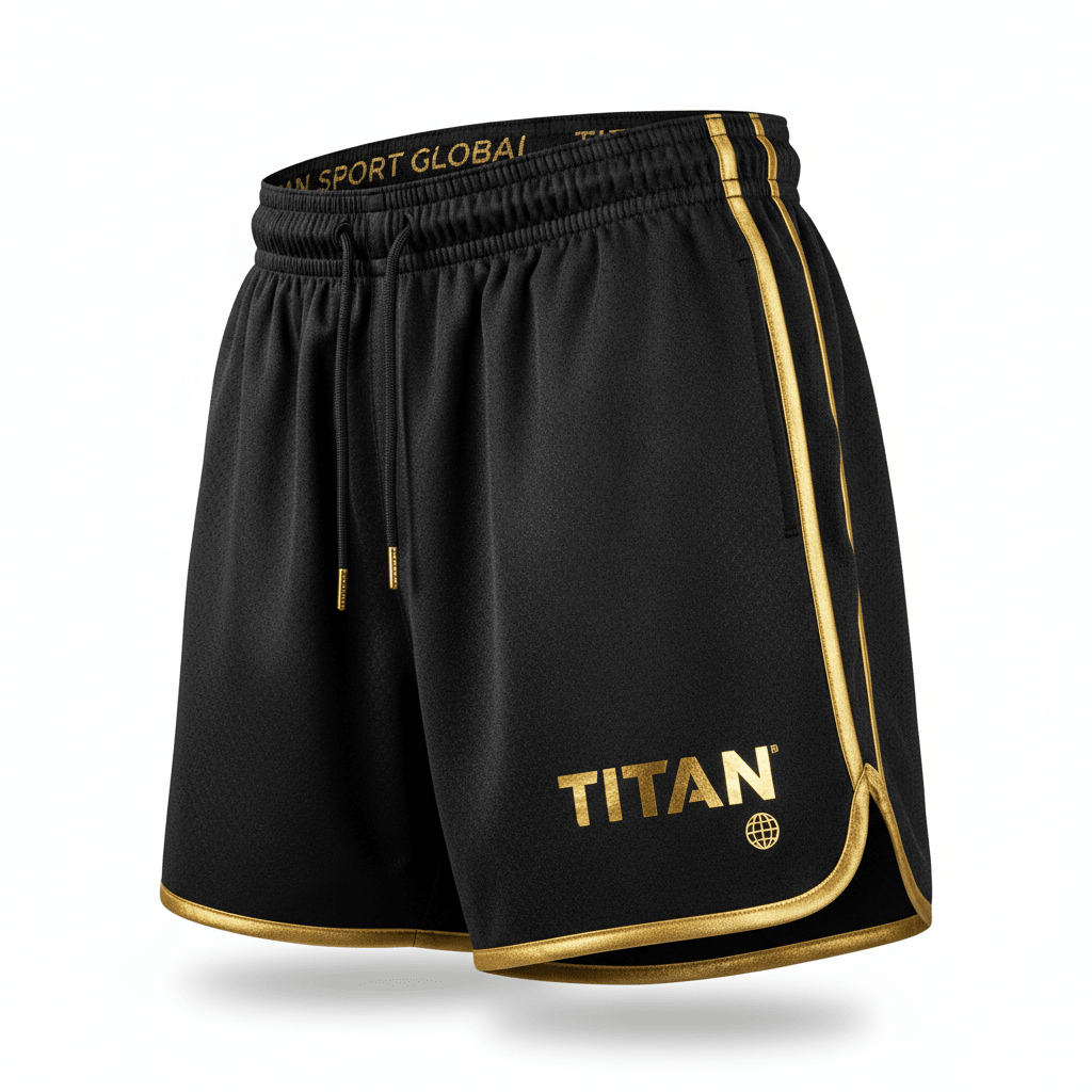 Black basketball shorts with gold trim, drawstring waist, and gold "TITAN" logo with globe icon on the lower leg.