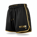 Black basketball shorts with gold trim, drawstring waist, and gold "TITAN" logo with globe icon on the lower leg.