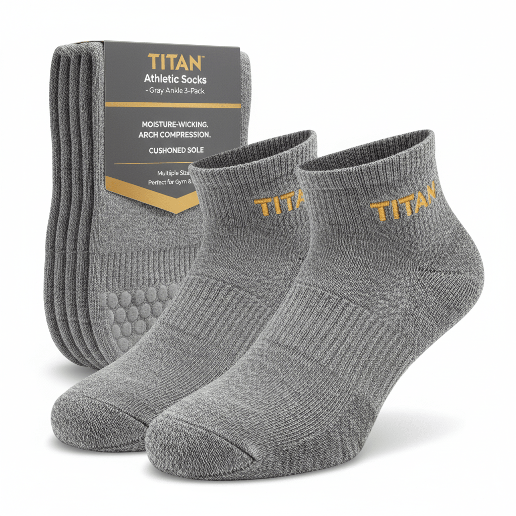 Three-pack of heather gray ankle athletic socks with yellow TITAN branding, featuring arch compression and cushion.