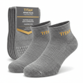 Three-pack of heather gray ankle athletic socks with yellow TITAN branding, featuring arch compression and cushion.