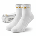 Three-pack of white ankle athletic socks featuring gold "TITAN" branding and ribbed compression arch support.