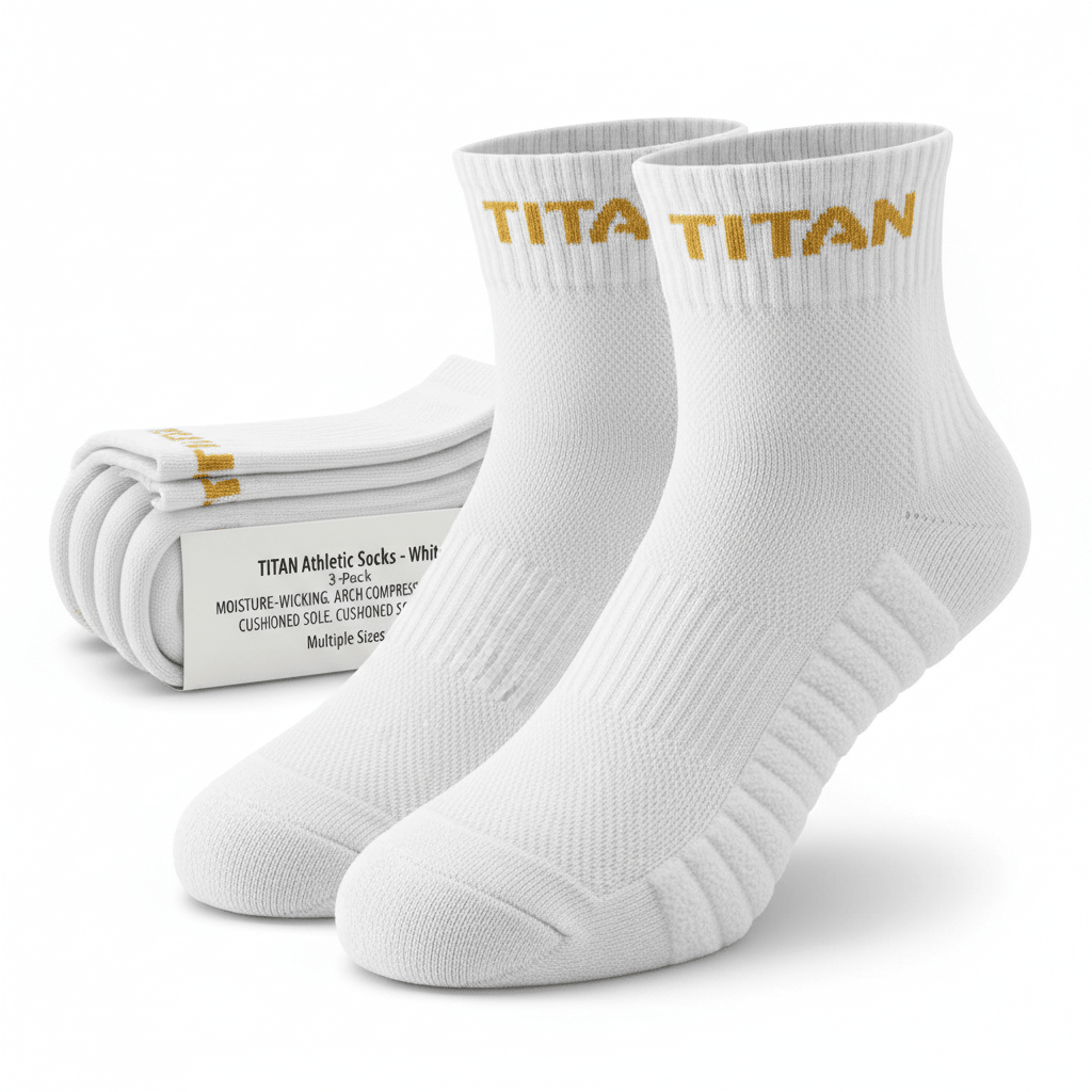 Three-pack of white ankle athletic socks featuring gold "TITAN" branding and ribbed compression arch support.