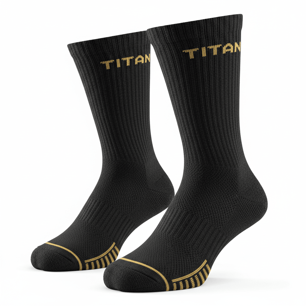 Black ribbed performance compression socks with gold "TITAN" logo on cuff and gold accents on toe and arch.