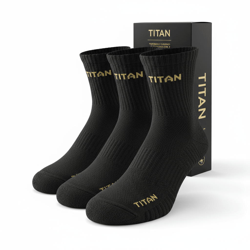 Three black ribbed ankle socks with gold "TITAN" logo at the cuff and toe, presented with branded black packaging.