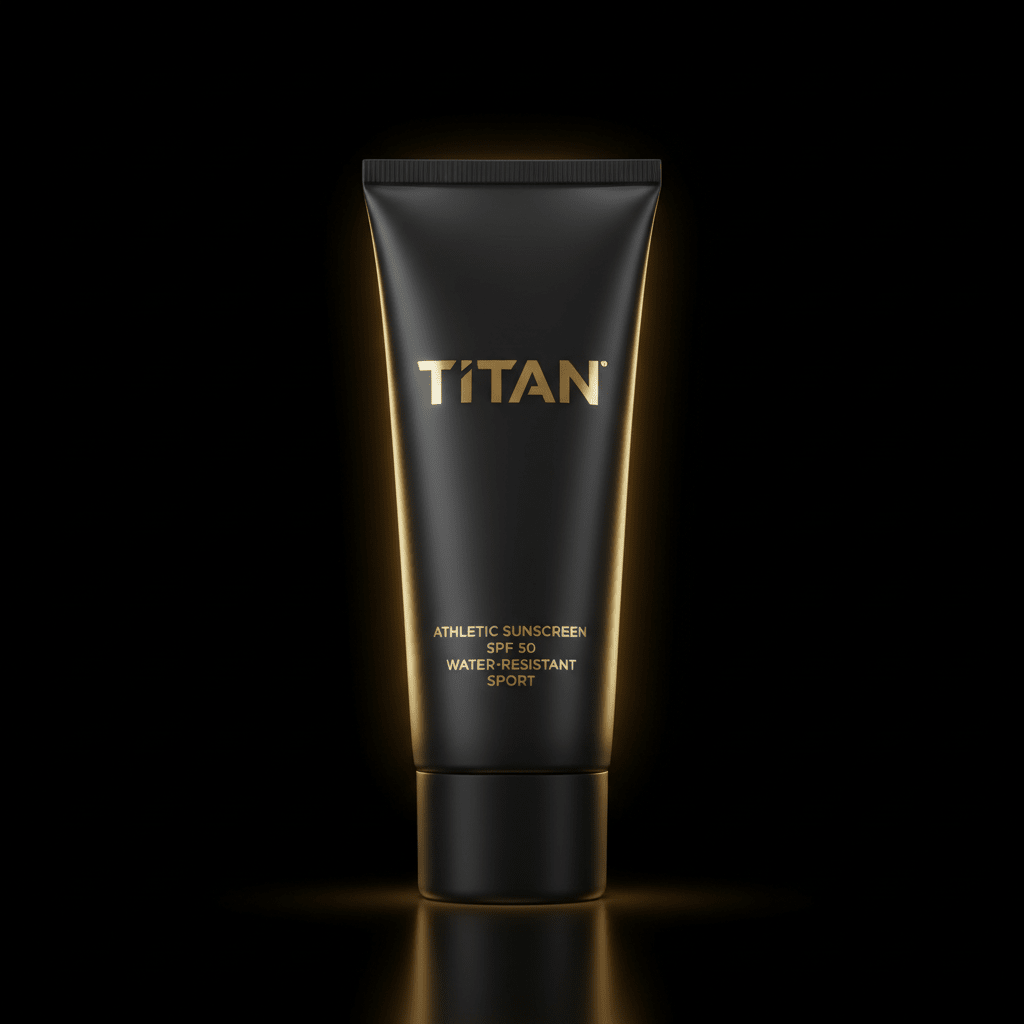 Matte black tube of TITAN Athletic Sunscreen SPF 50 with gold lettering, backlit on a black background.