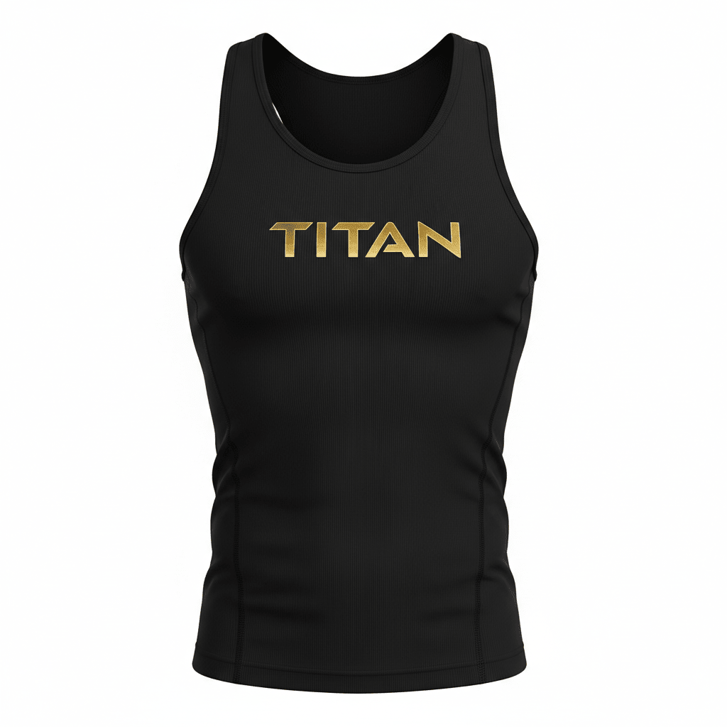 Black Titan performance tank top with ribbed fabric and gold metallic lettering on the chest.