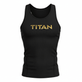 Black Titan performance tank top with ribbed fabric and gold metallic lettering on the chest.