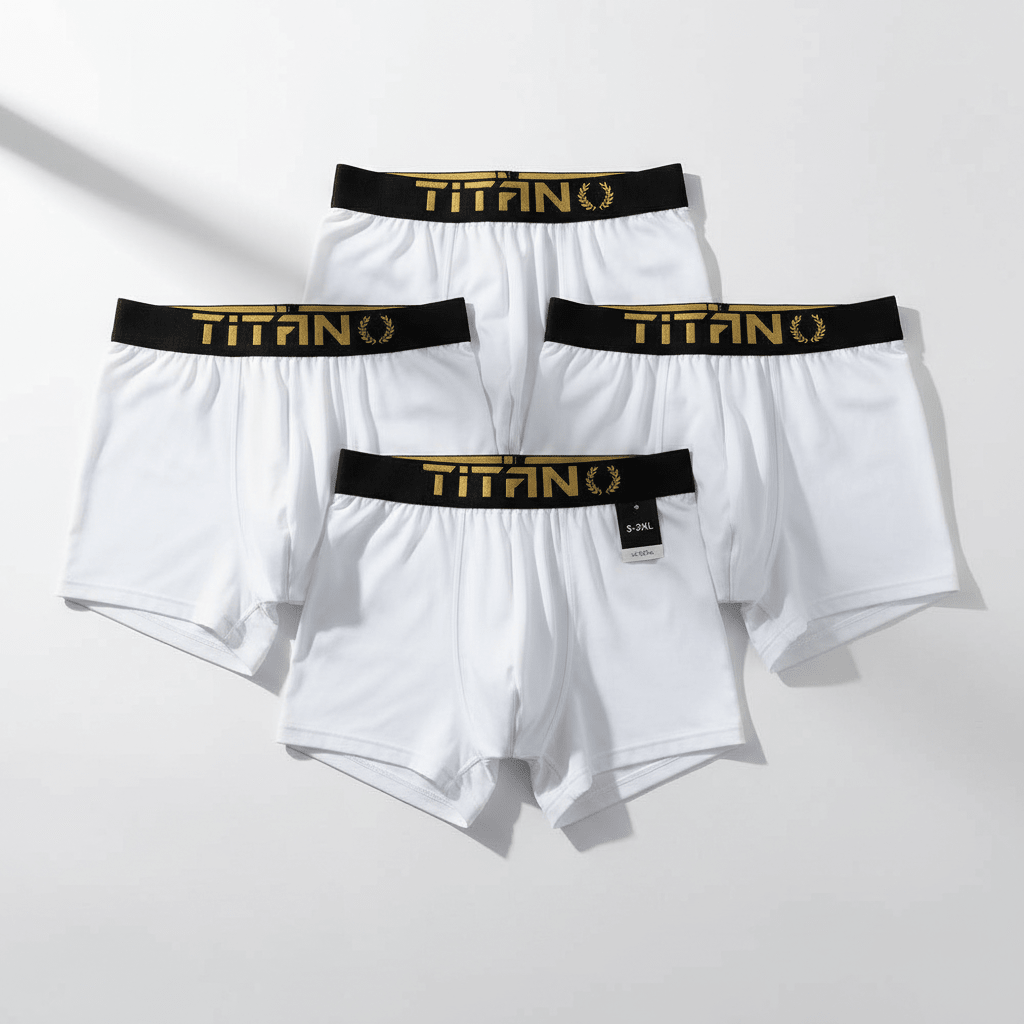 Three-pack of white TITAN athletic boxer briefs with black waistbands and metallic gold brand logos.