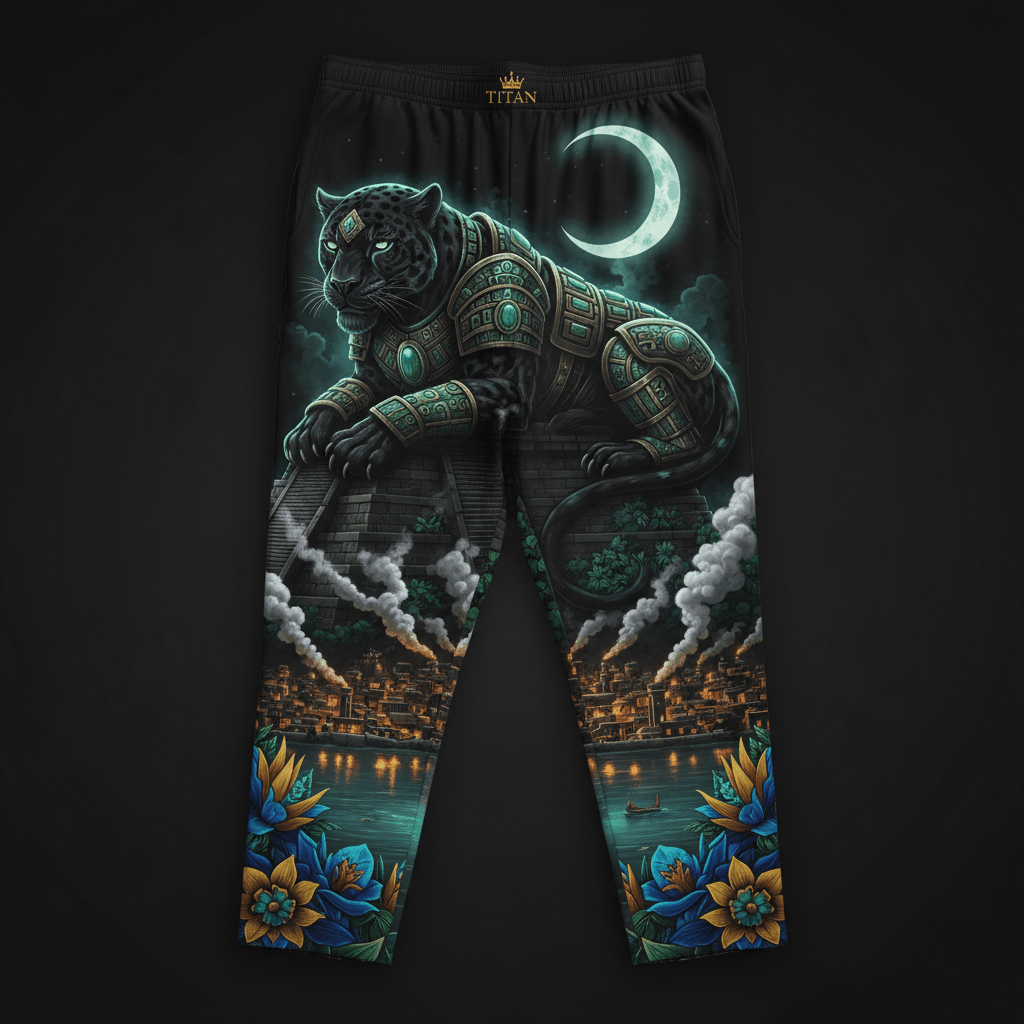 Black lounge pants featuring a glowing Aztec jaguar in teal armor atop a pyramid, moonlit city, and floral cuffs.