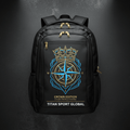 Black Titan 30L backpack with gold zippers, featuring a blue and gold crown-compass logo and "TITAN SPORT GLOBAL" text.