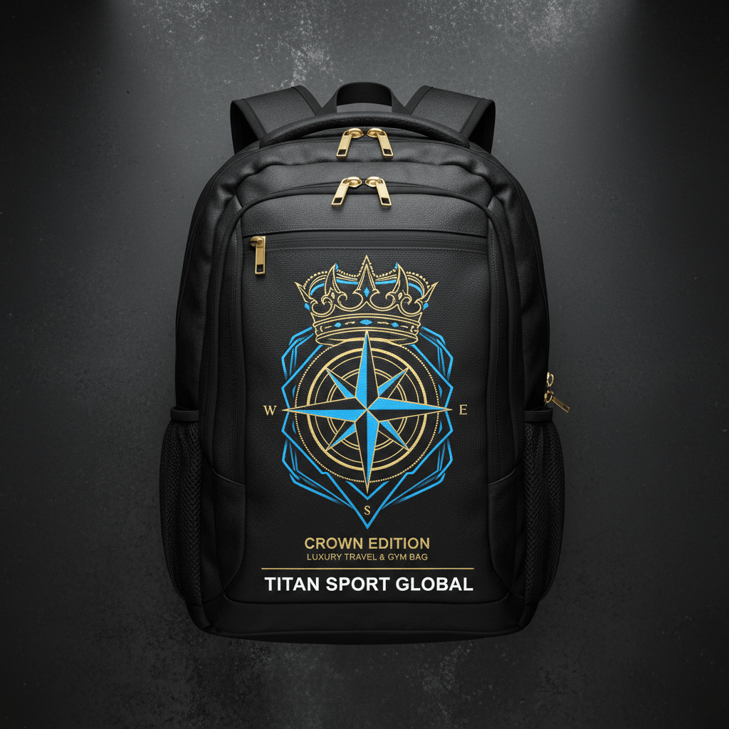Black Titan 30L backpack with gold zippers, featuring a blue and gold crown-compass logo and "TITAN SPORT GLOBAL" text.