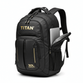Black 30L TITAN backpack with gold branding, multiple zippered compartments, side laptop sleeve, and mesh pockets.