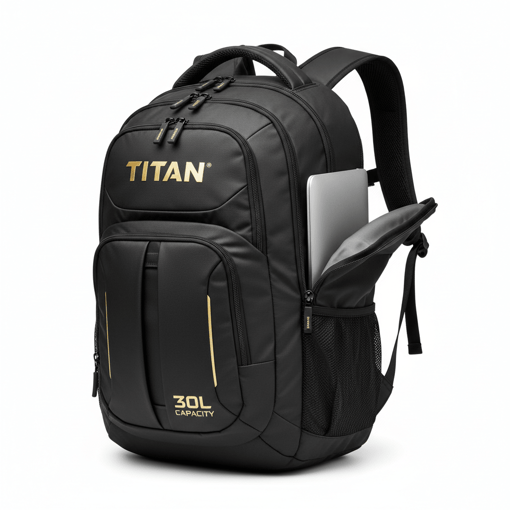 Black 30L TITAN backpack with gold branding, multiple zippered compartments, side laptop sleeve, and mesh pockets.