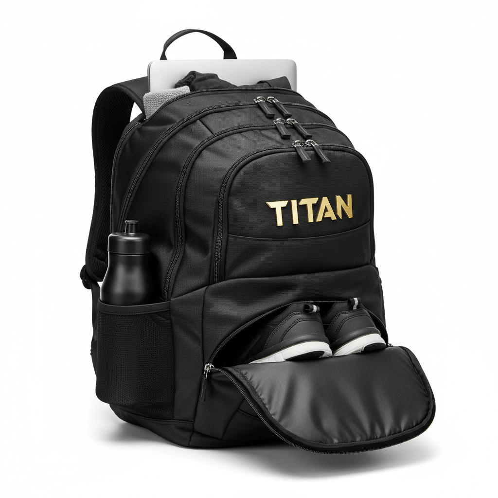 Black 30L TITAN gym backpack with gold logo, side bottle pocket, laptop sleeve, and zippered bottom shoe compartment.