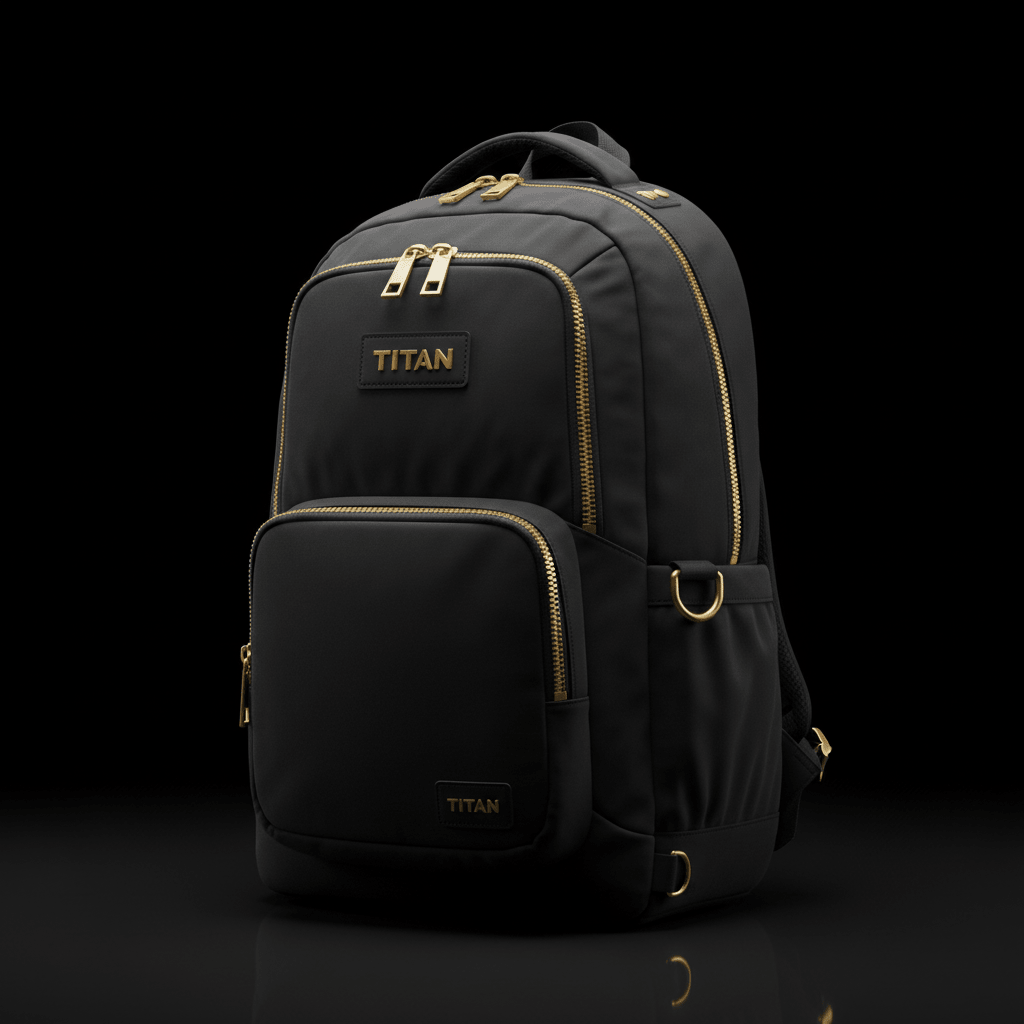 Black TITAN backpack featuring gold-toned zippers, hardware, and embossed TITAN logo patches against a black background.