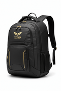Black Titan athletic backpack featuring a gold logo, zippers, and side accents on a durable, multi-compartment design.