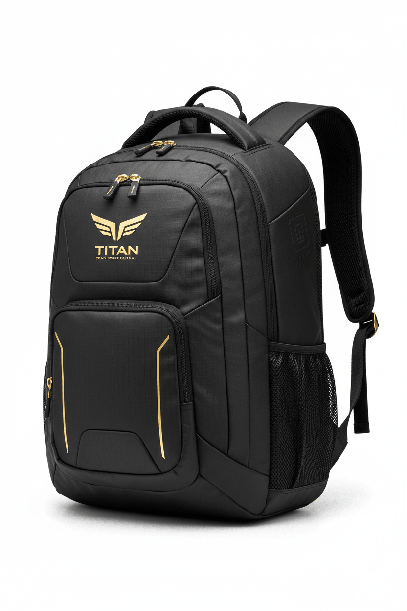 Black Titan athletic backpack featuring a gold logo, zippers, and side accents on a durable, multi-compartment design.