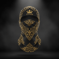 Black balaclava with ornate gold filigree patterns, a central crown icon, and "TITAN" text on a dark background.
