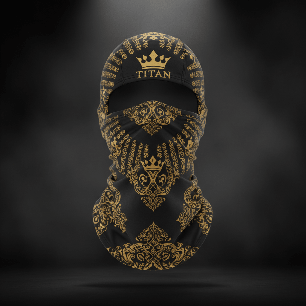 Black balaclava with ornate gold filigree patterns, a central crown icon, and "TITAN" text on a dark background.