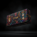TITAN barbell pad featuring a vibrant, ornate design with a crowned lion, winged queen, and roses on a black background.