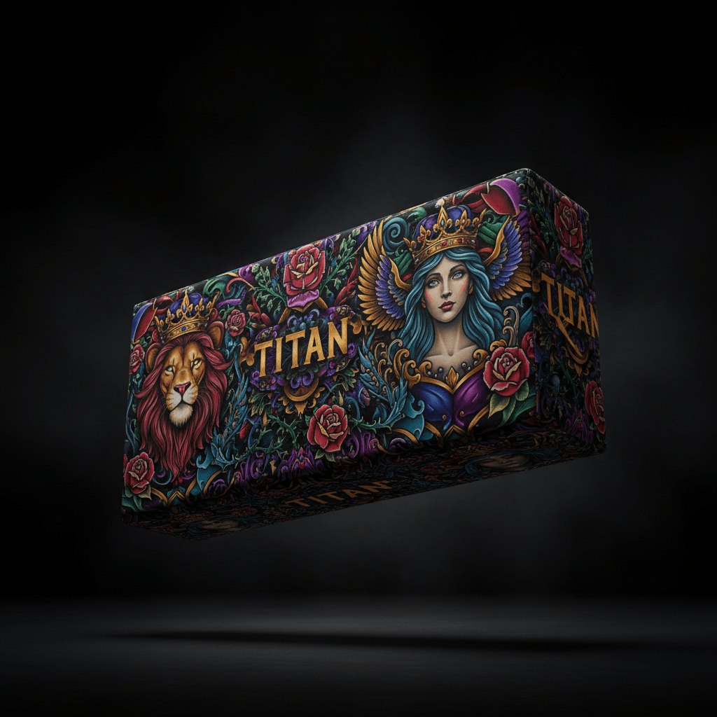 TITAN barbell pad featuring a vibrant, ornate design with a crowned lion, winged queen, and roses on a black background.