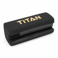 Black barbell pad with gold TITAN logo, featuring a textured diamond-pattern base and hook-and-loop closure.