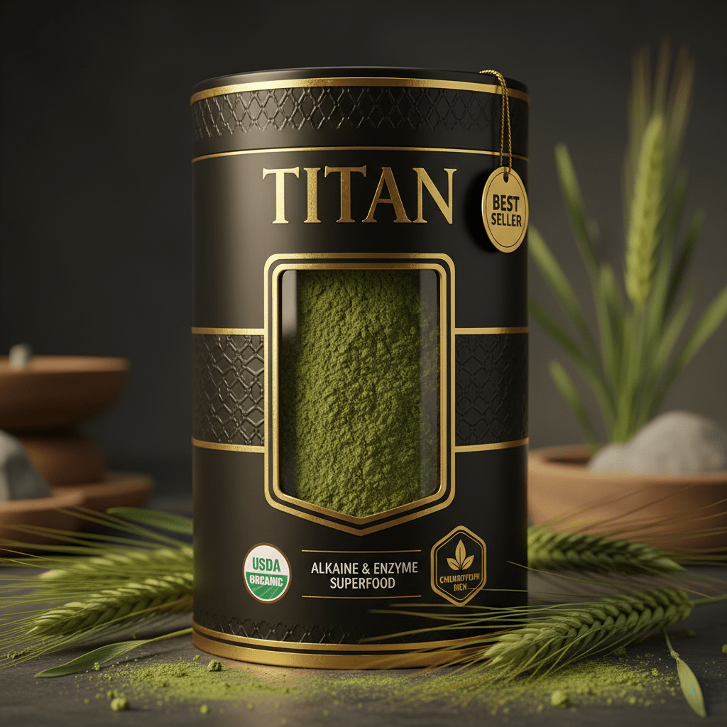Black canister of Titan Organic Barley Grass Powder with gold text, viewing window, and barley stalks on dark surface.