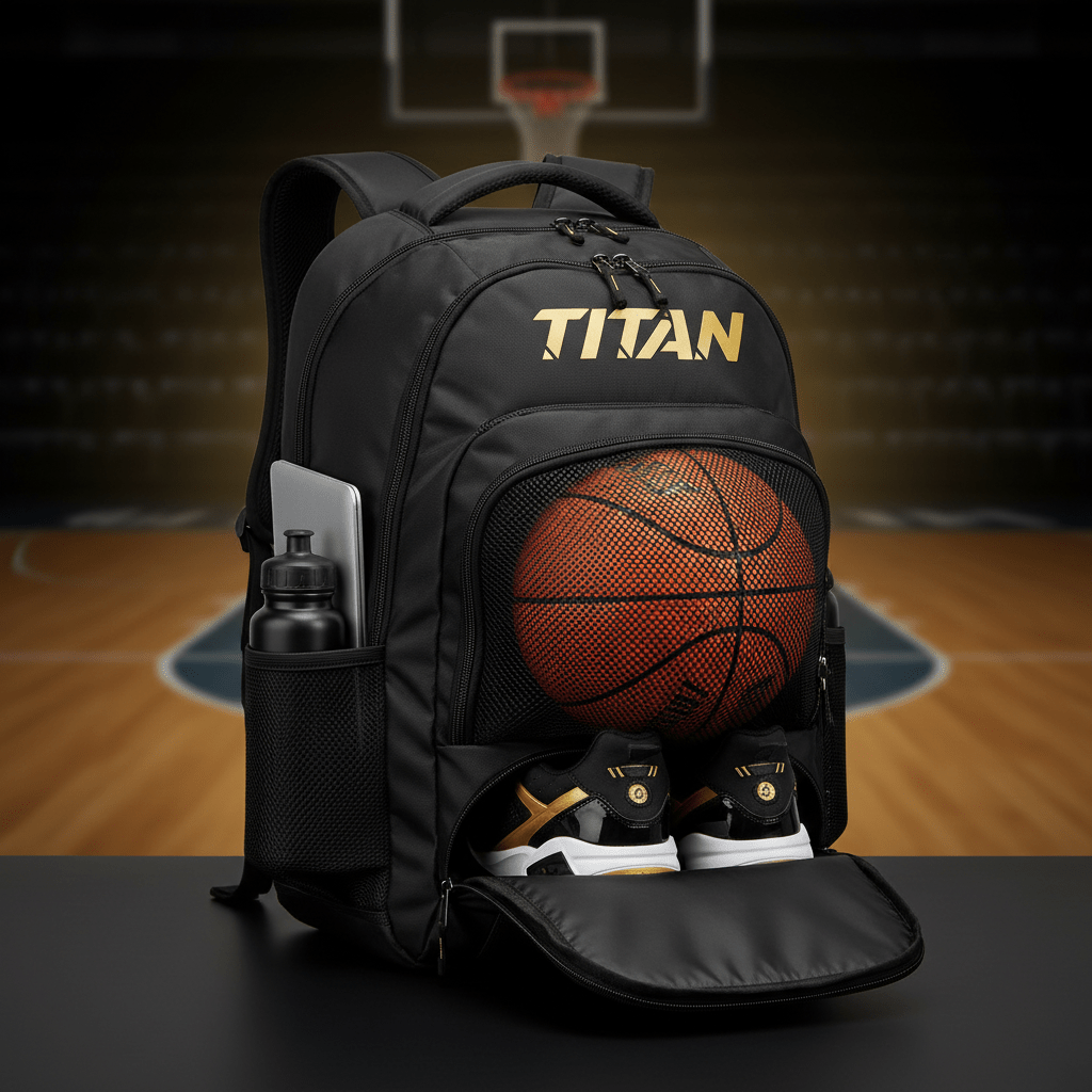 Black TITAN basketball backpack with gold logo, mesh ball pocket, lower shoe compartment, and side bottle sleeve.