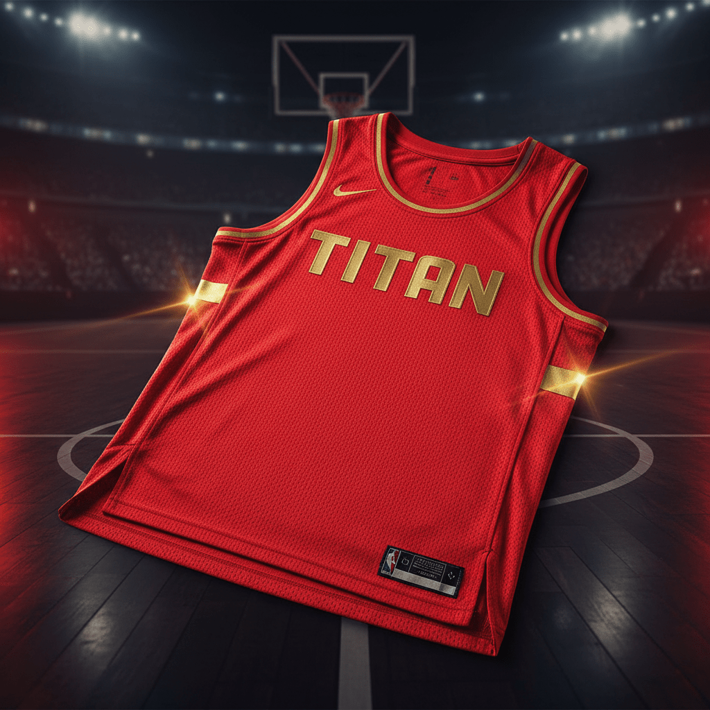 Red mesh basketball jersey featuring gold "TITAN" lettering and trim, set against a blurred basketball court background.