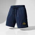 Navy blue mesh basketball shorts with an elastic drawstring waist and a yellow gold Titan lightning bolt logo.