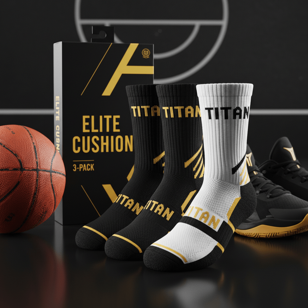 Three-pack TITAN Elite Cushion basketball socks in black and white with gold accents, displayed in packaging.