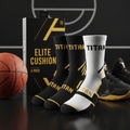 Three-pack TITAN Elite Cushion basketball socks in black and white with gold accents, displayed in packaging.