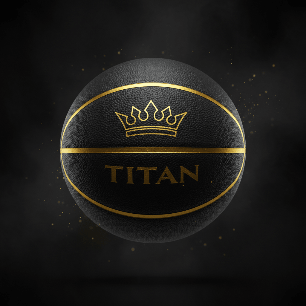 Black textured TITAN basketball with gold crown logo, gold lettering, and metallic gold channels on a dark background.