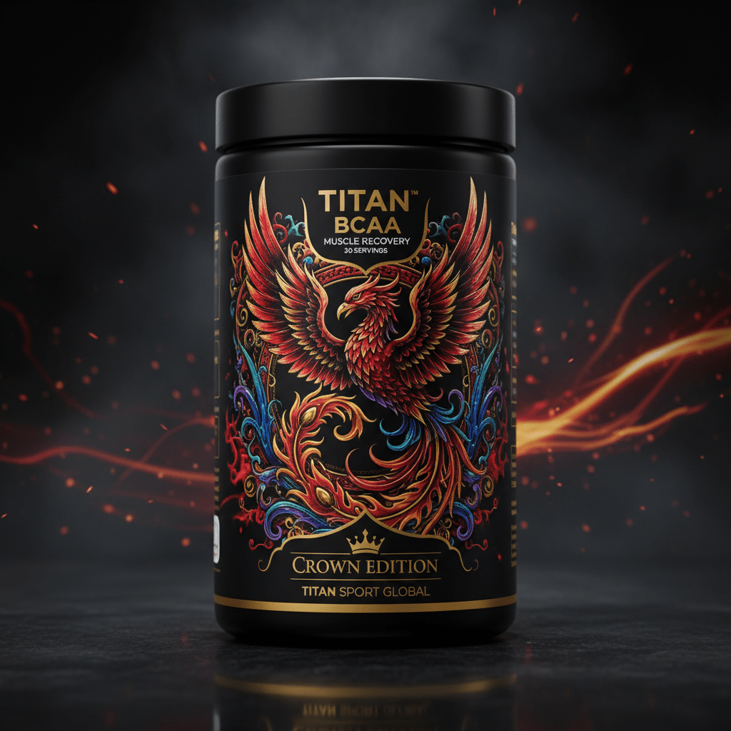 Black tub of Titan BCAA featuring a vibrant, multi-colored phoenix illustration on a dark, smoky, ember-lit background.