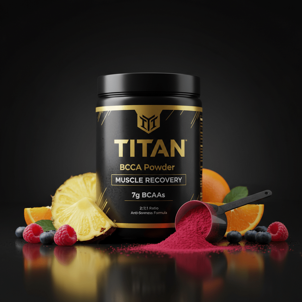 Black tub of TITAN BCAA powder with gold text, surrounded by pineapple, orange, berries, and a scoop of pink powder.