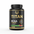 Black tub of TITAN BCAA powder, 30 servings, watermelon flavor, featuring gold logo and text on a matte black label.