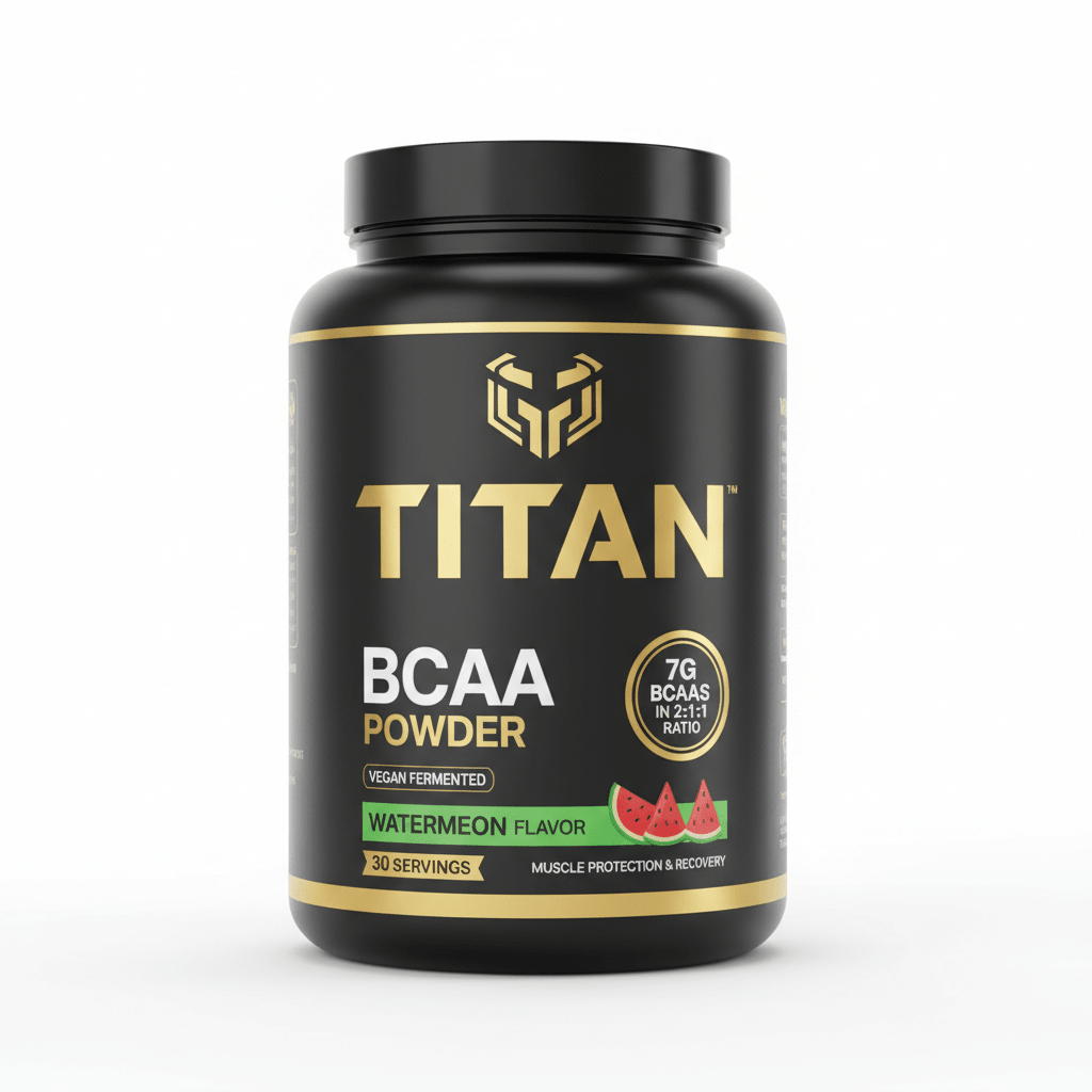 Black tub of TITAN BCAA powder, 30 servings, watermelon flavor, featuring gold logo and text on a matte black label.
