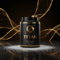 Black Titan BCAA powder tub with gold lion logo, gold text, and scoop on top, set amidst white powder on black floor.